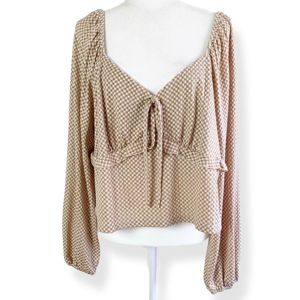 Arula women's plus size tan gingham print long sleeve cropped top SZ 1X